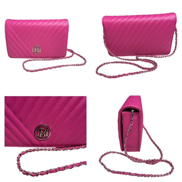 Badgley Mischka Studio Crossbody Purse Hot Pink Quilted Faux Leather Chain NEW - Picture 10 of 16